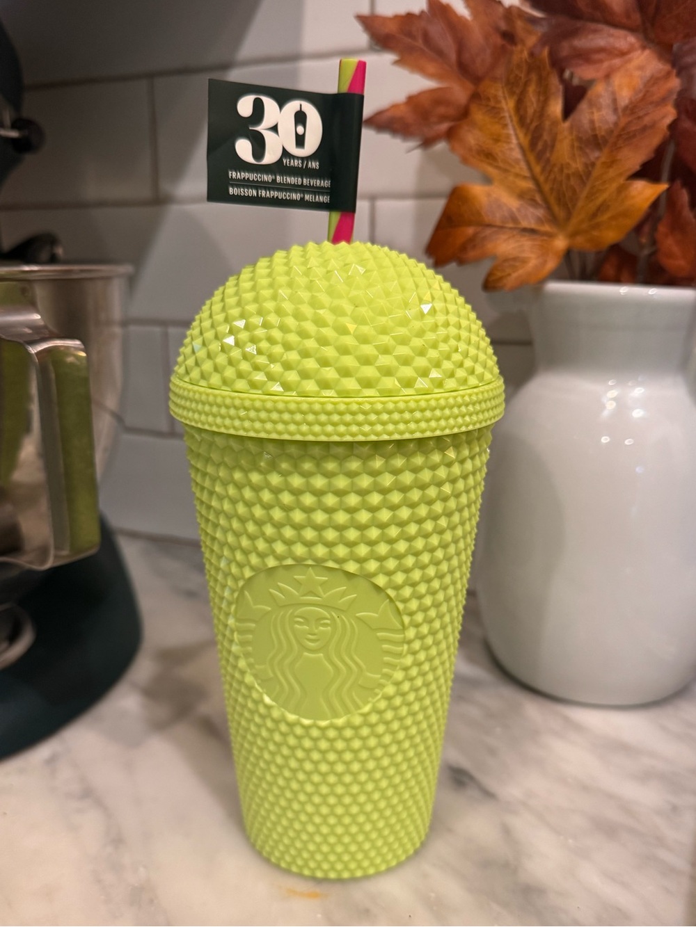 NWT Starbucks 30th Anniversary Frappuccino Neon lemon Lime Studded Tumbler 16oz